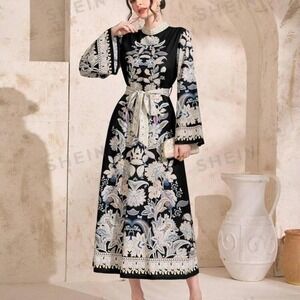 Black Luxury Floral print belted Dress Womens Small Long sleeve Formal dress